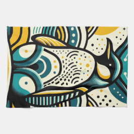 Senap Gult Teal Blue Penguin i Abstrakt Vinkarare Kökshandduk