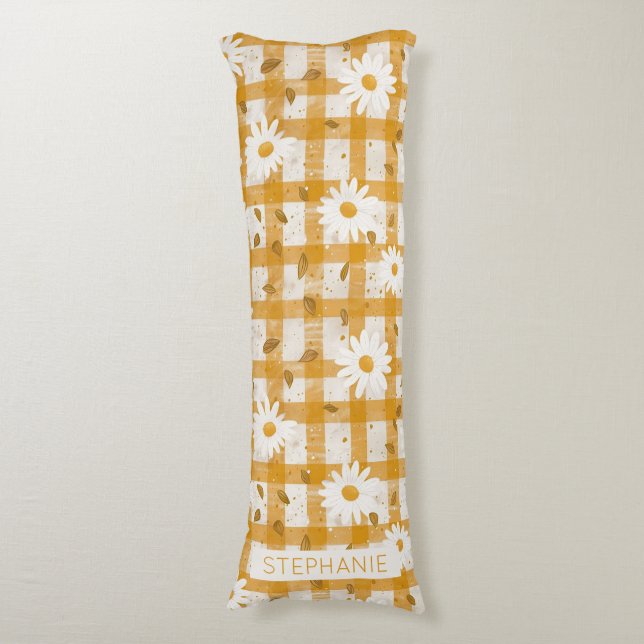 Senapsgul Daisy Cream Farmhouse Gingham Kroppskudde (Framsidan Vertikal)