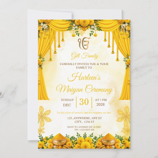 Senapsgul Guldblomma Maiyan Ceremoni Inbjudan (Framsida)