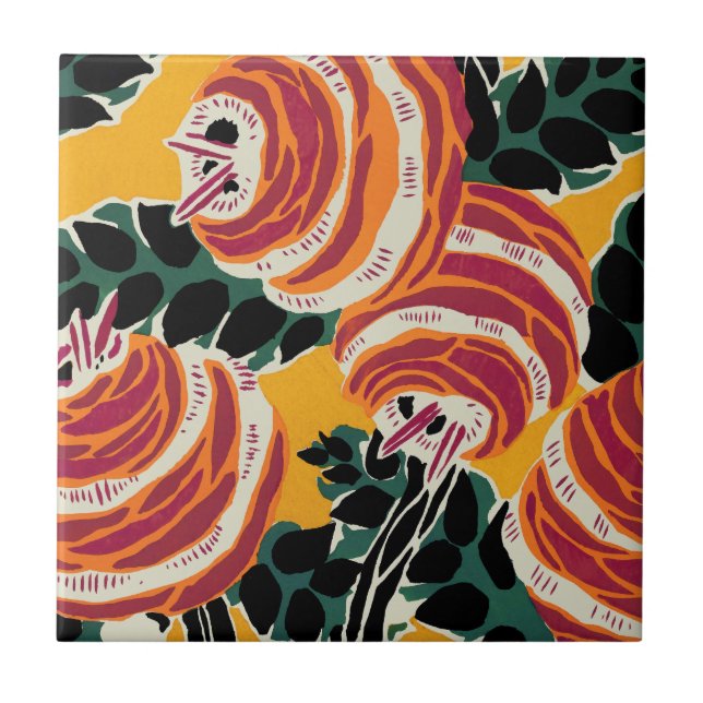 Senapsgul & Orange Art Deco Blommig Dekor Kakelplatta (Framsidan)