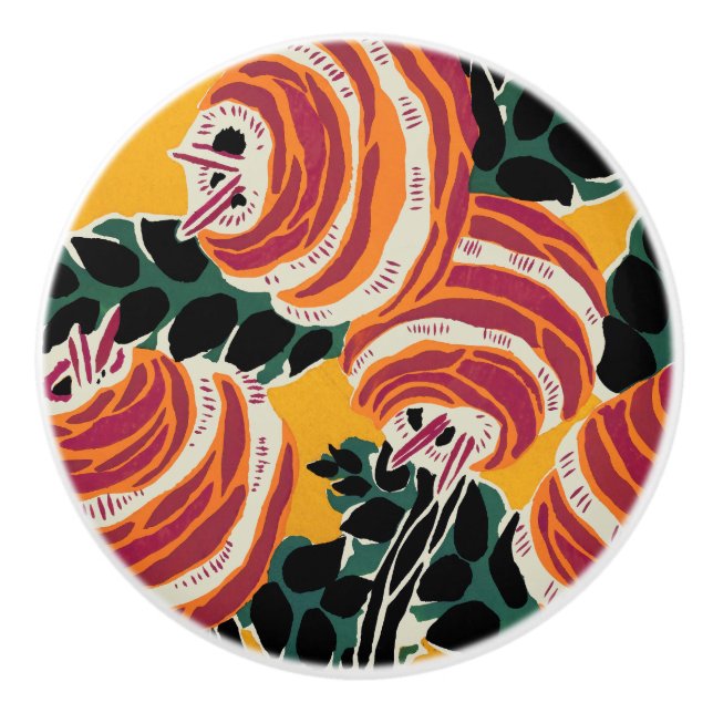 Senapsgul & Orange Art Deco Blommig Dekor Knopp (Framsidan)