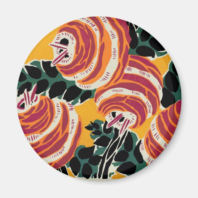 Senapsgul & Orange Art Deco Blommig Dekor Magnet (Framsidan)