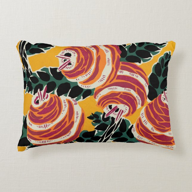 Senapsgul & Orange Art Deco Blommig Dekor Prydnadskudde (Framsidan)