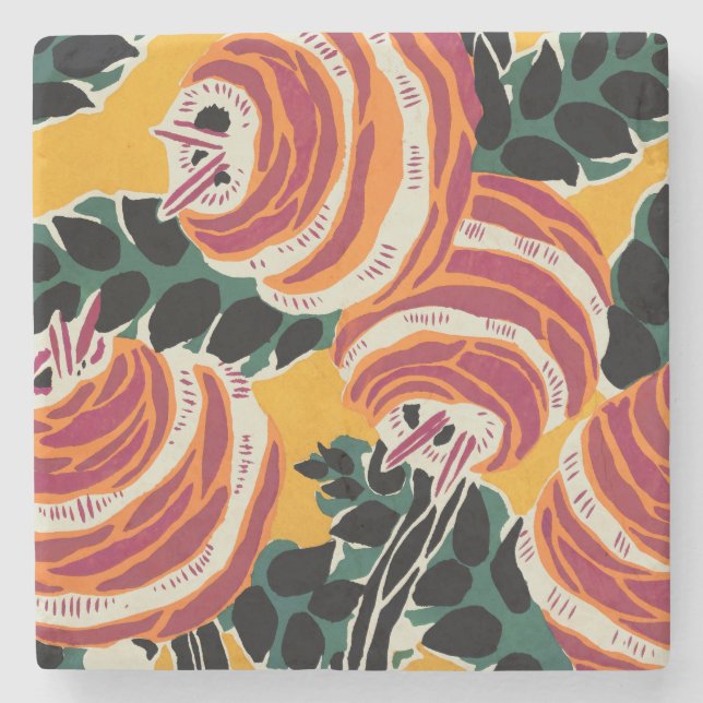 Senapsgul & Orange Art Deco Blommig Dekor Stenunderlägg (Framsidan)