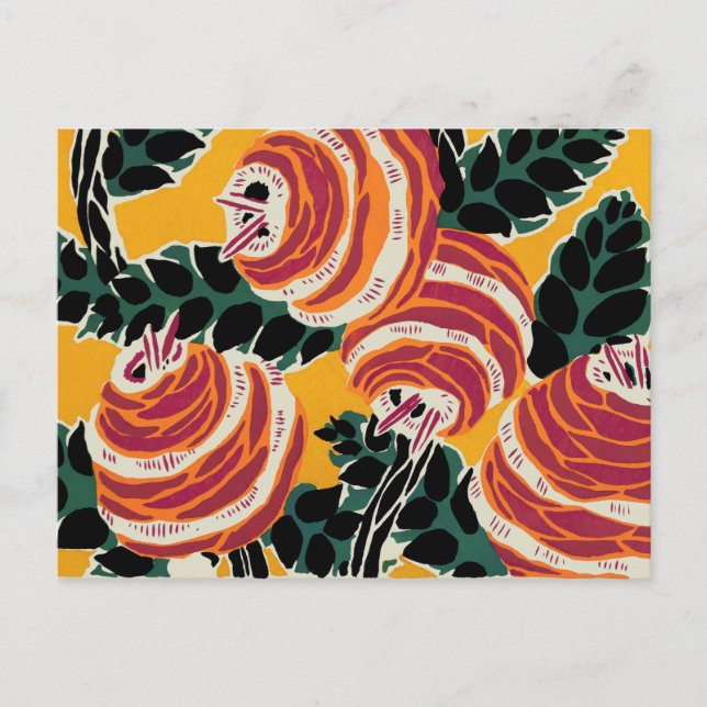 Senapsgul & Orange Art Deco Blommig Dekor Vykort (Framsida)