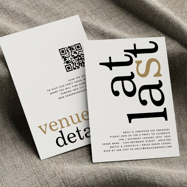 Senast QR-kod vit svart Guld-Förlovning Inbjudningar (front and back view)