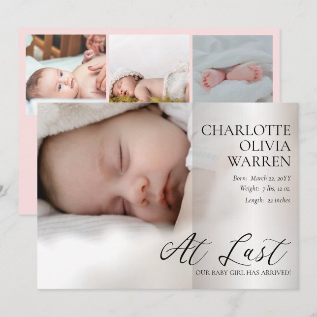 Senast skript 4 Photo Baby Rosa Birth Meddelande (Fram/baksida)