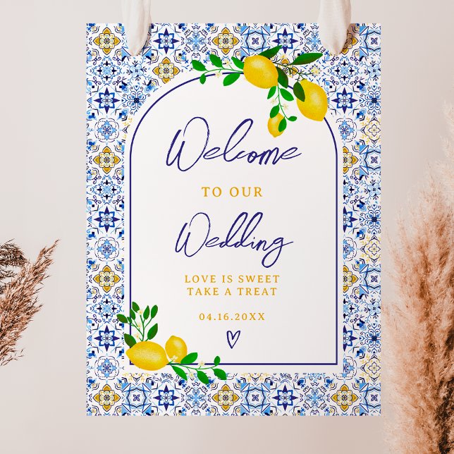 Senaste citronfärgen bröllop poster (Italian blue tile watercolor lemon wedding welcome poster)