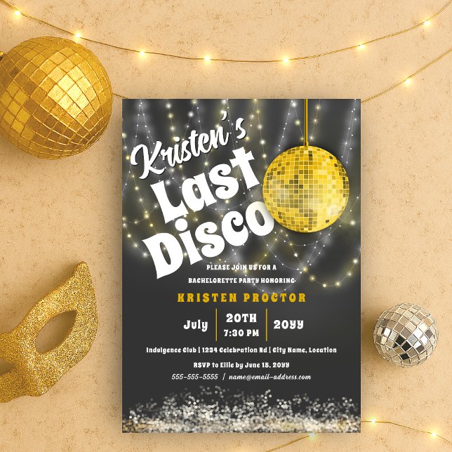 Senaste Disco Bash Bachelorette Party Glam Guld Inbjudningar (Gold glam disco ball retro last disco bachelorette party invitation front view)