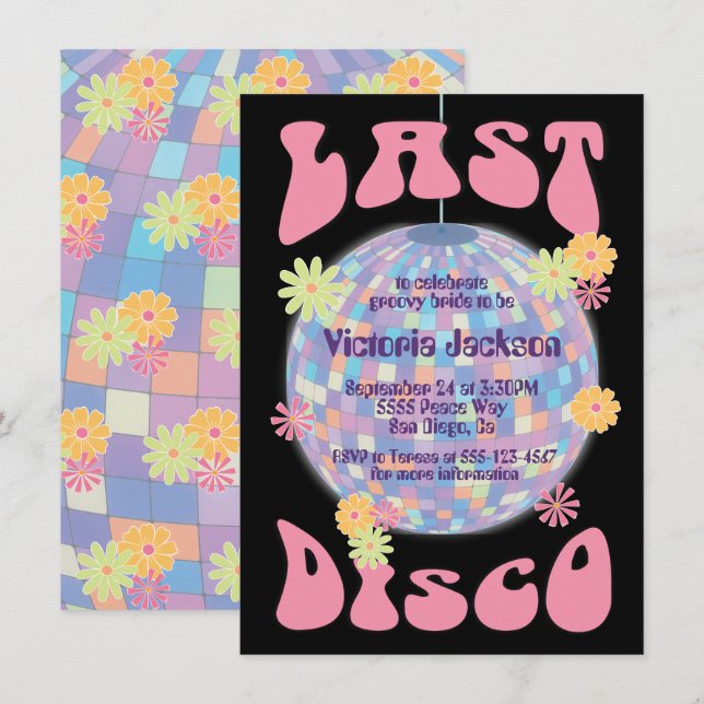 Senaste Disco Boll Bachelorette Party 1970's Invat Inbjudningar (Fram/baksida)