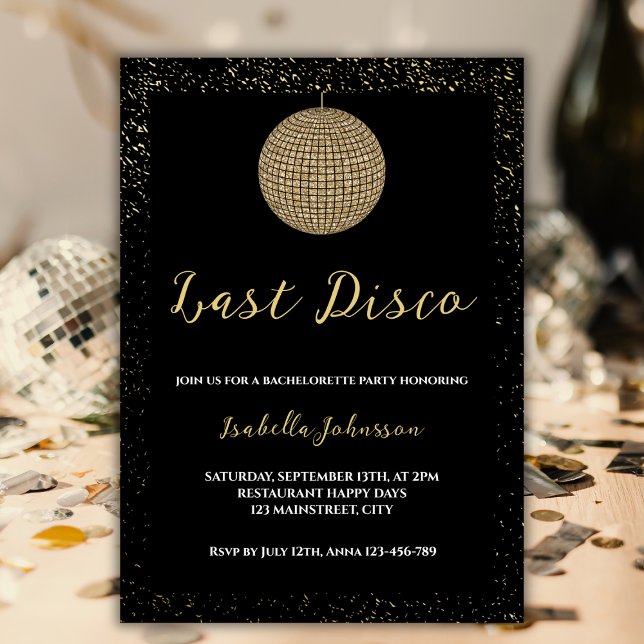 Senaste Disco Boll Golden Glitter Bachelorette Par Inbjudningar (last disco bachelorette party invitation black golden glitter disco ball retro)