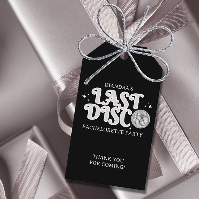 Senaste Disco Namn Retro Silver 70-talet Bachelore Presentetikett (last disco silver retro bachelorette party gift tag)