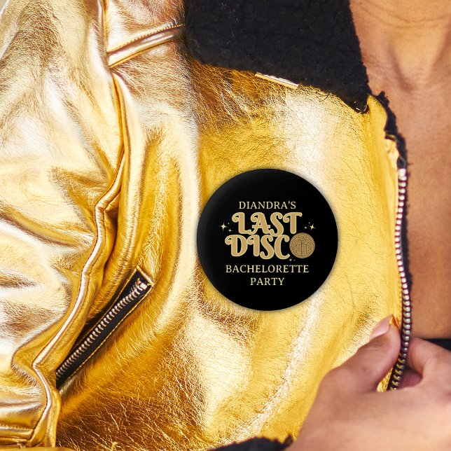 Senaste Disco Retro Black och Guld 70-talet Bachel Knapp (last disco golden retro bachelorette party button)
