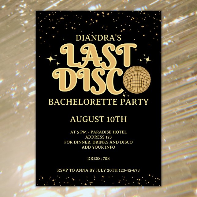 Senaste Disco Retro Guld Glitter 70-talet Bachelor Inbjudningar (Last disco retro golden glitter bachelorette party invitation)