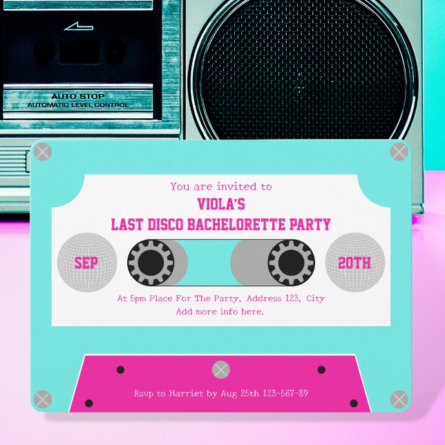 Senaste Disco-Rosa- och turkos-band för Retro-kass Inbjudningar (last disco cassette tape bachelorette party invitation pink and turquoise silver disco ball retro)