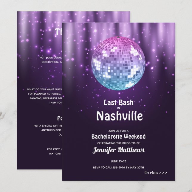 Senaste inbjudan till Disco Nashville Bachelorette (Fram/baksida)