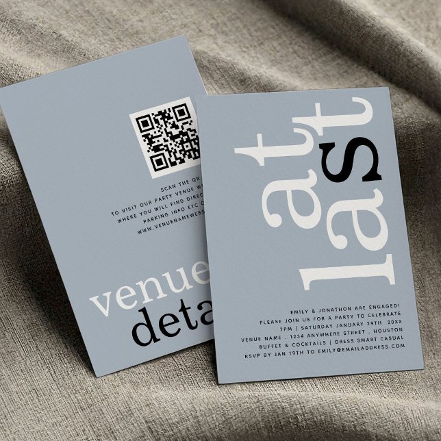 Senaste inbjudan till QR-kod - Dusty Blue Förlovni (front and back view)