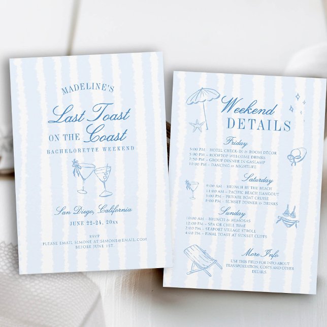 Senaste popup på den ritade Rand Bachelorette i Ku Inbjudningar (last toast on the coast bachelorette party itinerary hand drawn stripes script calligraphy blue)