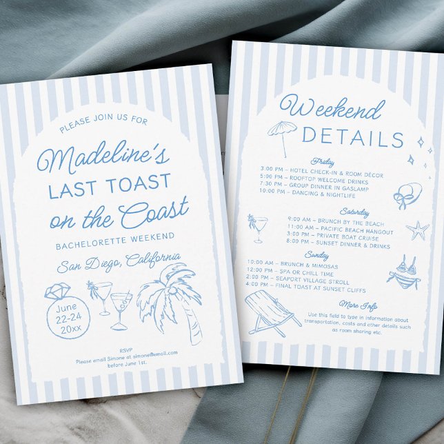 Senaste popup på Kusten Bachelorette Itinerary Inbjudningar (last toast on the coast bachelorette party itinerary hand drawn script calligraphy arch blue stripes)