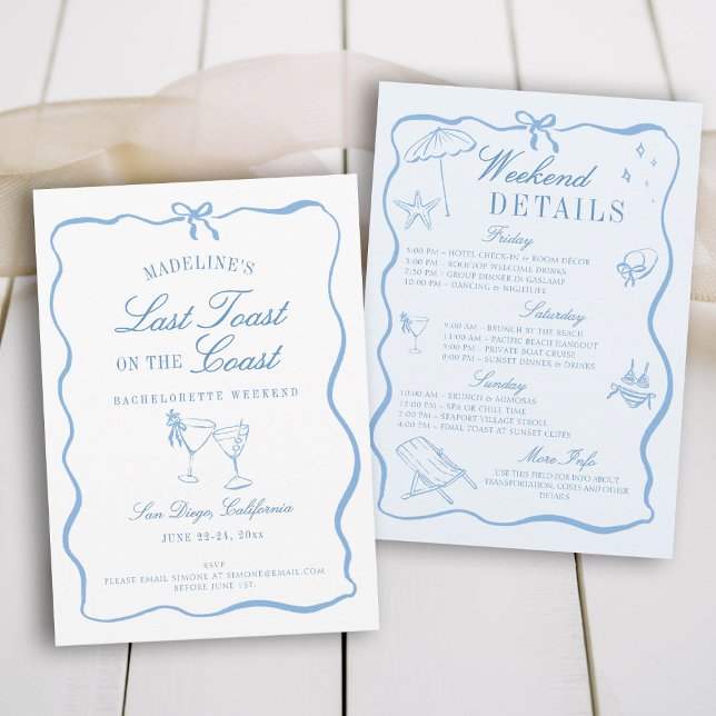 Senaste popup på Kusten Bachelorette Itinerary Inbjudningar (last toast on the coast bachelorette party itinerary hand drawn script calligraphy bow frame)