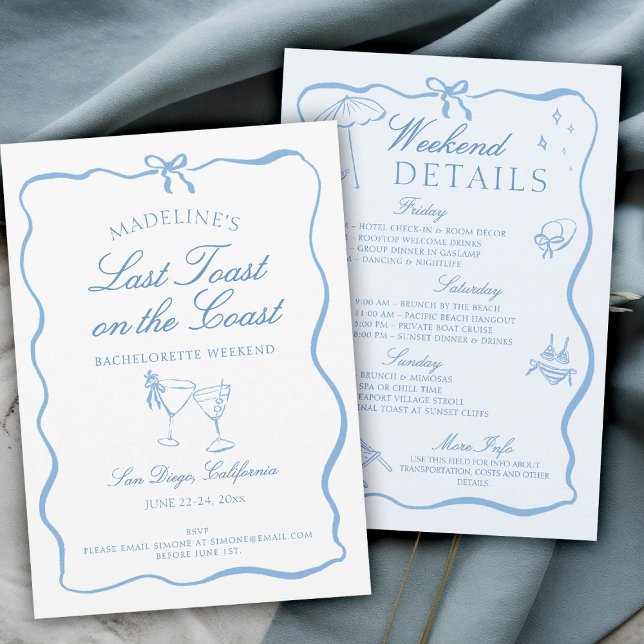 Senaste popup på Kusten-skriptet Bachelorette Part Inbjudningar (last toast on the coast bachelorette party itinerary hand drawn script calligraphy elegant blue)