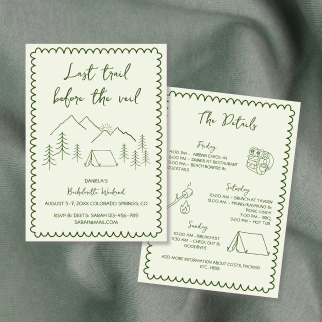 Senaste spårningskampanjen Hand plockade Bachelore Inbjudningar (Last Trail Camping Hand Drawn Bachelorette Weekend Invitation)