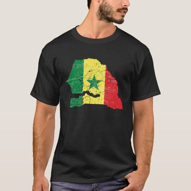 Senegals flagga som är drabbad av Senegal karta T Shirt (Framsida)