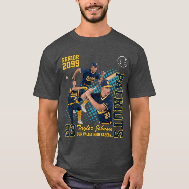 Senior Basebollspelare Anpassad fotokollage Blå T Shirt (Framsida)