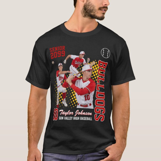 Senior Basebollspelare Anpassad Fotokollage Röd T Shirt (Framsida)