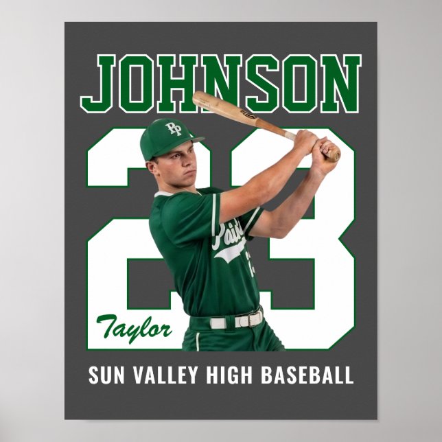 Senior Basebollspelare Nummer Anpassad Foto Grön Poster (Framsidan)