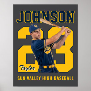 Senior Basebollspelare Nummer Anpassad Foto Gul Poster