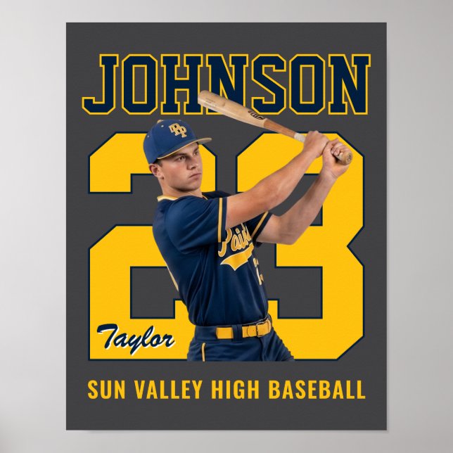 Senior Basebollspelare Nummer Anpassad Foto Gul Poster (Framsidan)