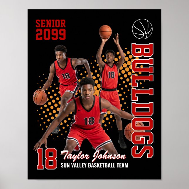 Senior Basketspelare Anpassad Fotokollage Röd Poster (Framsidan)
