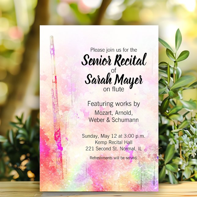 Senior Flute-skäl - färgstark vattenfärgsdesign Inbjudningar (Custom flute senior recital invitations.)