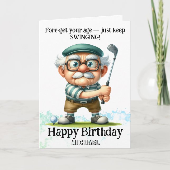 *~* Senior Man Golf Swinging AP94 Birthday Card Tack Kort (Framsida)