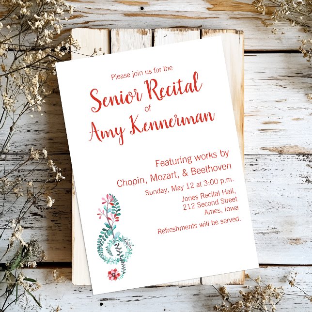 Senior Music Skäl Inbjudningar (Custom senior recital invitation with a watercolor floral treble clef.)