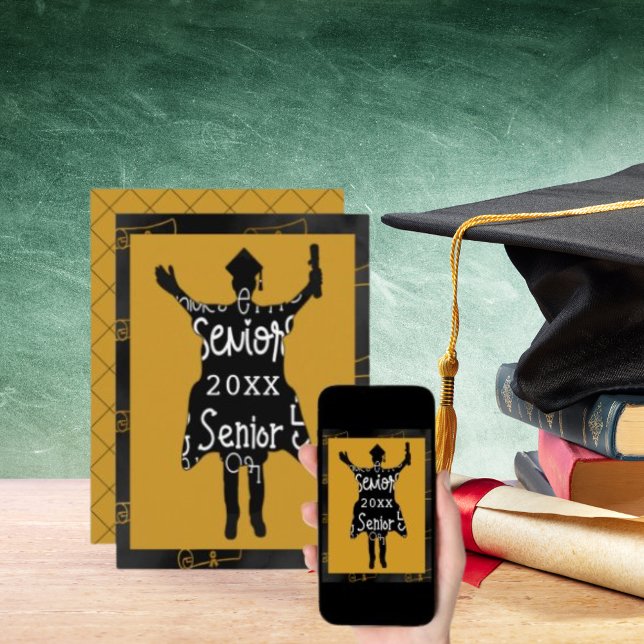 Senior Student Silhouette Guld Party Firande Inbjudningar (Senior Graduate Silhouette Gold Party Celebration Invitation)