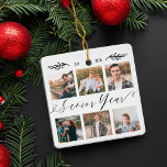 Senior Year Elegant Script 6 Photo Grid Collage Julgransprydnad Keramik<br><div class="desc">Skicka en vacker personlig-gåva som de kommer att vårda. Speciell personlig,  hög årsinställning för fotokollage för att visning dina speciella familjefotografier och -minnen. Vår design har en enkel 6-fotostödrasterkonstruktion med "Senior Gift"-designad i ett vackert,  handskrivet svart skript stil. Anpassa texten på utsmyckningens baksida.</div>