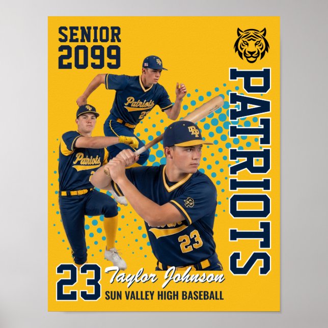 Seniorbasebollspelare anpassad fotokollage gul poster (Framsidan)