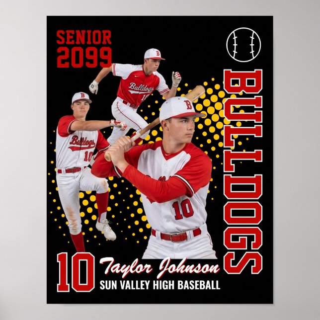 Seniorbasebollspelare Anpassad fotokollage röd Poster (Framsidan)