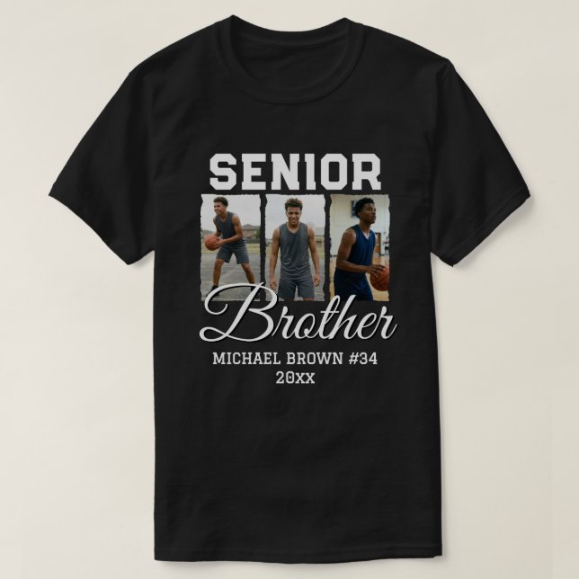 Seniorbror Basketboll Foto Collage Anpassad  T Shirt (Design framsida)