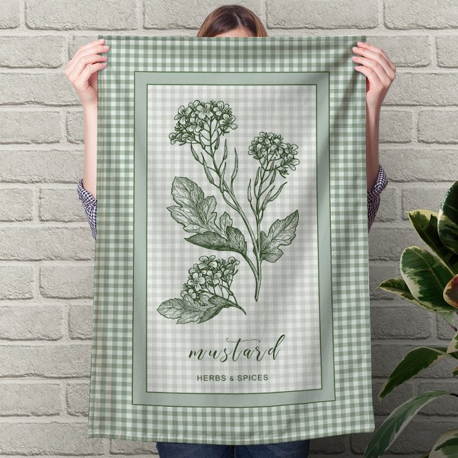 Sennepsört Kökshandduk – Grön Rutig Kant (Mustard Herb Kitchen Towel – Green Gingham Border)