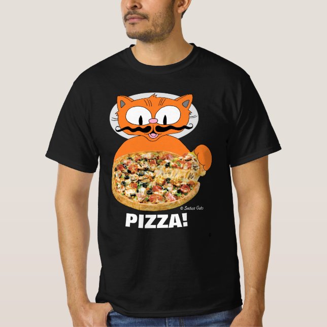 Señor Gato Cartoon Mustache Katt Pizza! T Shirt (Framsida)
