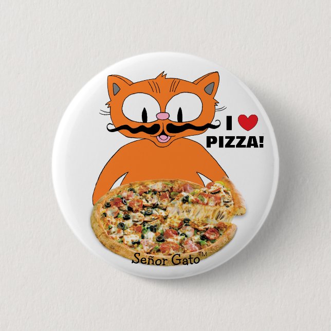 Señor Gato Tecknad Mustache Cat I Kärlek Pizza! Knapp (Framsida)