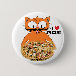 Señor Gato Tecknad Mustache Cat I Kärlek Pizza! Knapp