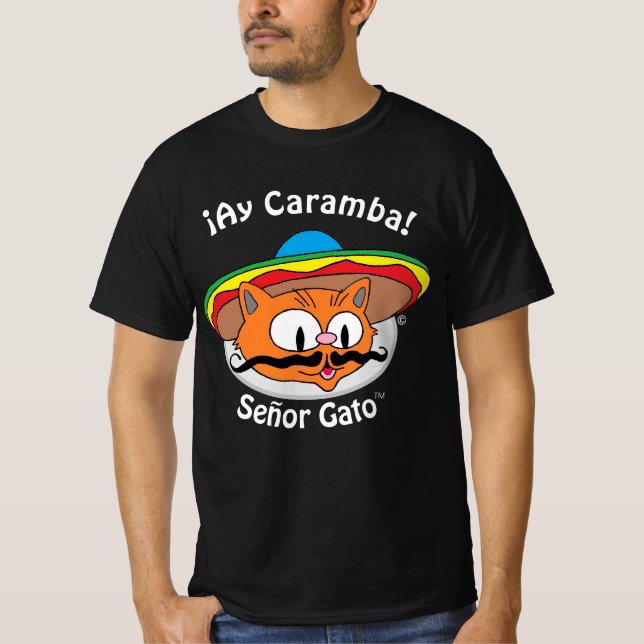 Señor Gato™ Tecknad Mustasch Katt Ay Caramba! T Shirt (Framsida)