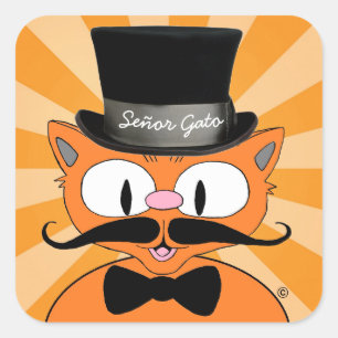 Señor Gato Tecknad Mustasch Katt med Flaska Fyrkantigt Klistermärke