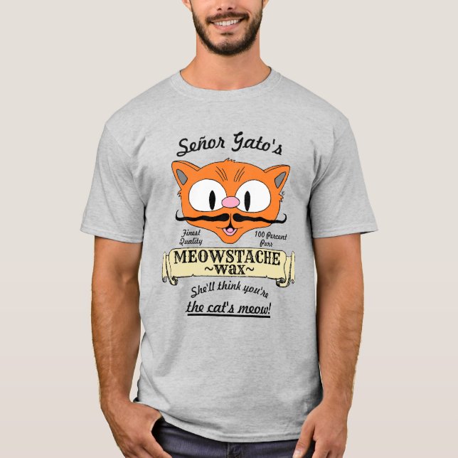 Señor Gatos MEOWSTACHE VAX Handlebar Mustache Pun T Shirt (Framsida)