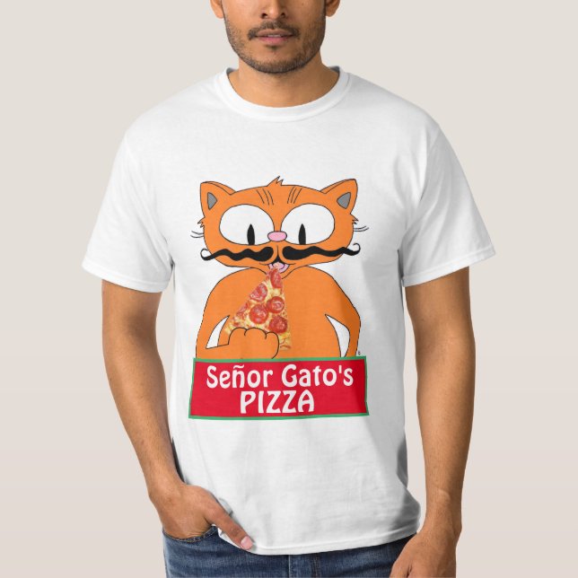 Señor Gatos Pizza Handlebar Mustache Cat T Shirt (Framsida)