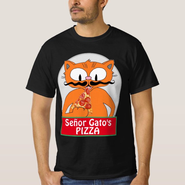 Señor Gatos Pizza Handlebar Mustache Cat T Shirt (Framsida)